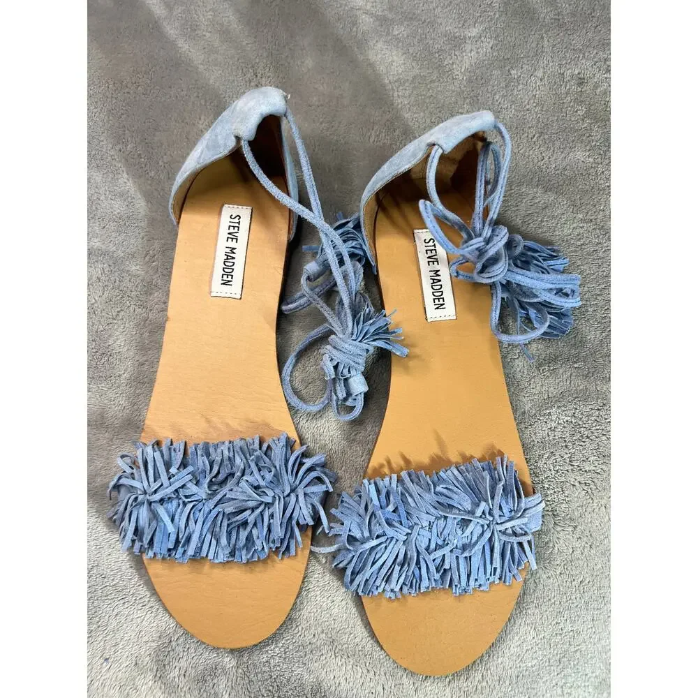 Steve Madden Fringly Blue Suede Fringe Lace-Up Ankle Wrap Sandals 9M